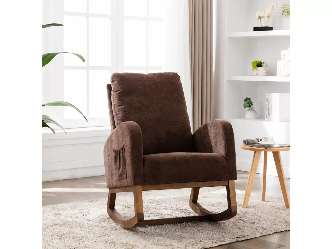 Chaise à Basculer Mid-Century avec Dossier Haut, Fauteuil Rembourré pour Chambre d'Enfant ou Salon, Chaise Berçante Ergonomique avec Poche Latérale