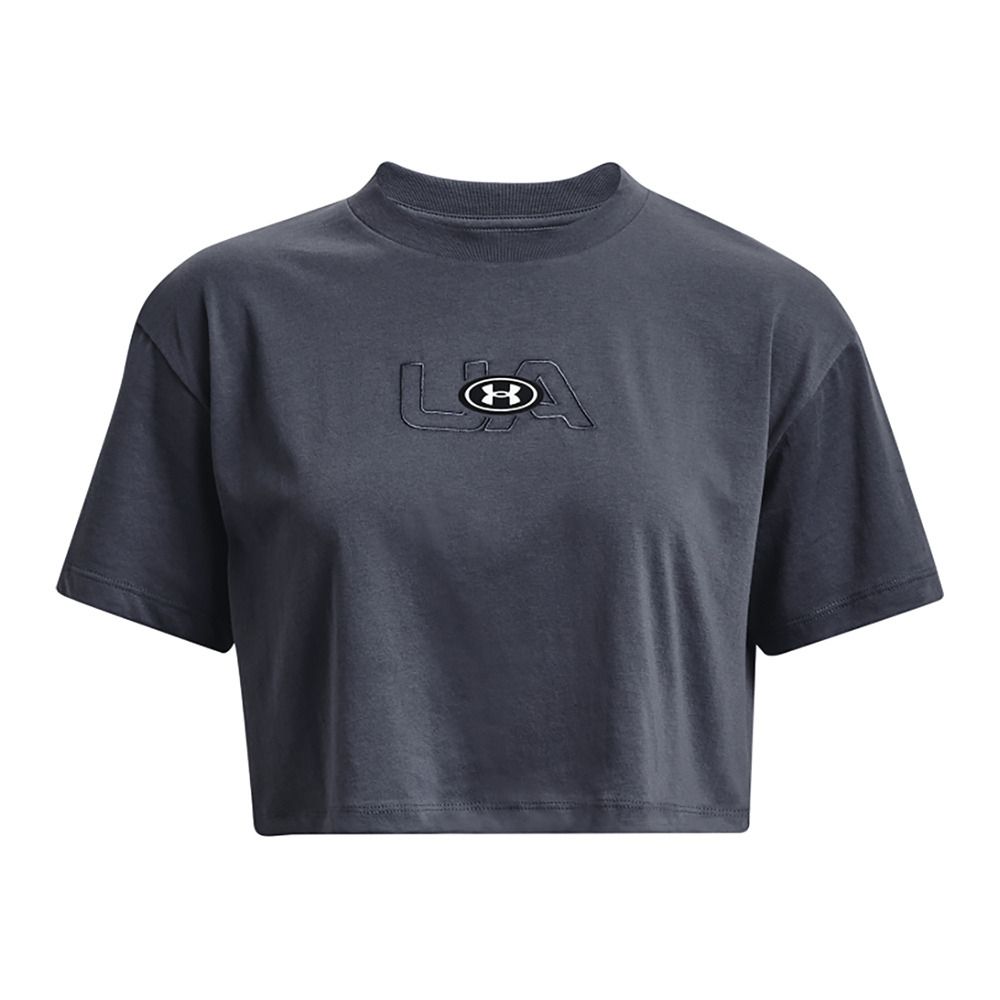 Under Armour UA BRANDED LOGO CROP - Crop top Femme downpour gray/white