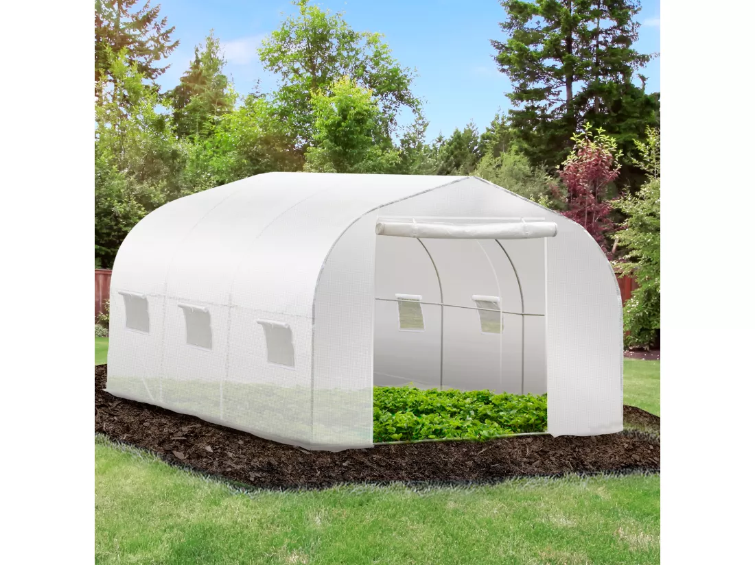 Serre tunnel de jardin dim. 3,5L x 3l x 2H m porte + 6 fenêtres enroulables acier galvanisé bâche PE haute densité blanc