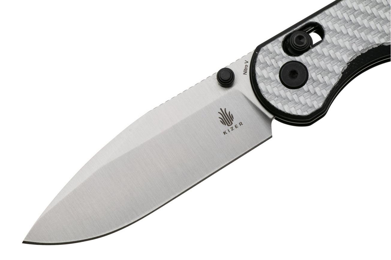 Kizer Vanguard Assassin V3549A3 Satin Nitro V, G10 Silver and Black Carbon Fiber, zakmes, Azo design