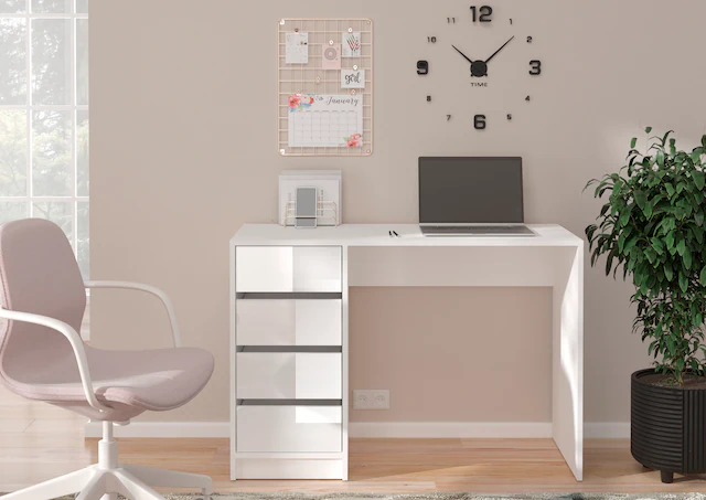 INOSIGN Schreibtisch »Pisa, Breite 110 cm, 4 Schubkästen, hochglanz Schubkastenfront« grifflose Optik, individuell einsetzbar, Schminktisch, Homeoffice