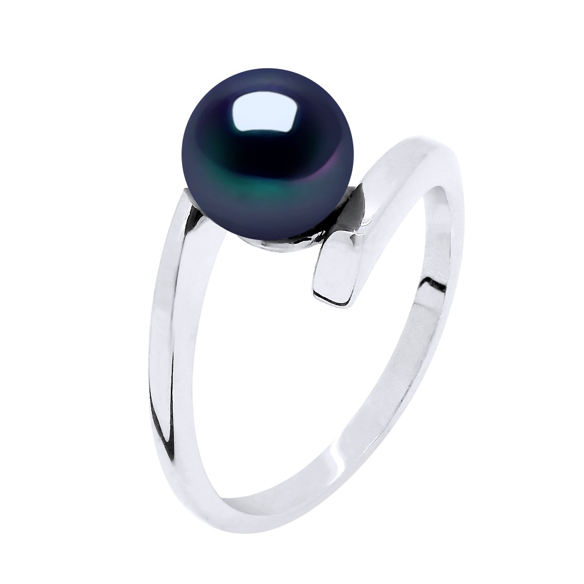 Bague Jonc Décalé Perle d'Eau Douce Ronde 7,5-8 mm Noire Argent 925