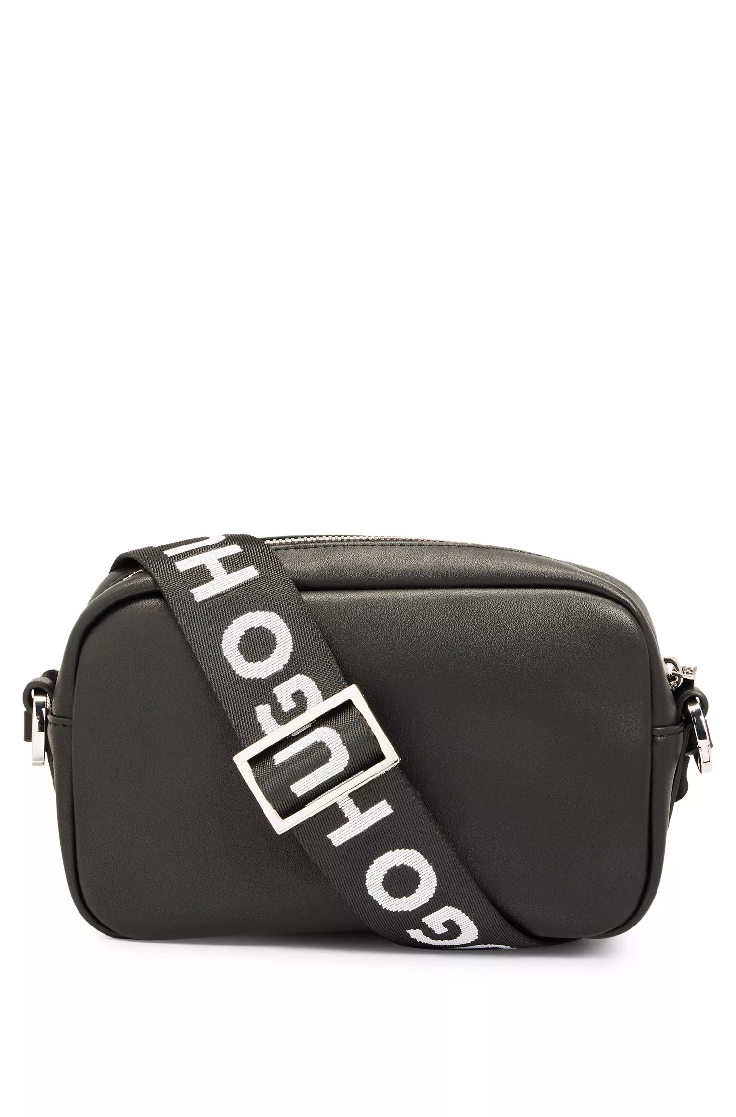 Bolsa transversal HUGO vermelha em couro sintético com logotipo em relevo sobreposto.