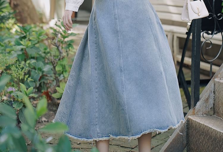 Cocaliso - Effen overhemd met kraag / Gewassen denim vest / Midi A-lijn rok met gemiddelde taille / Set
