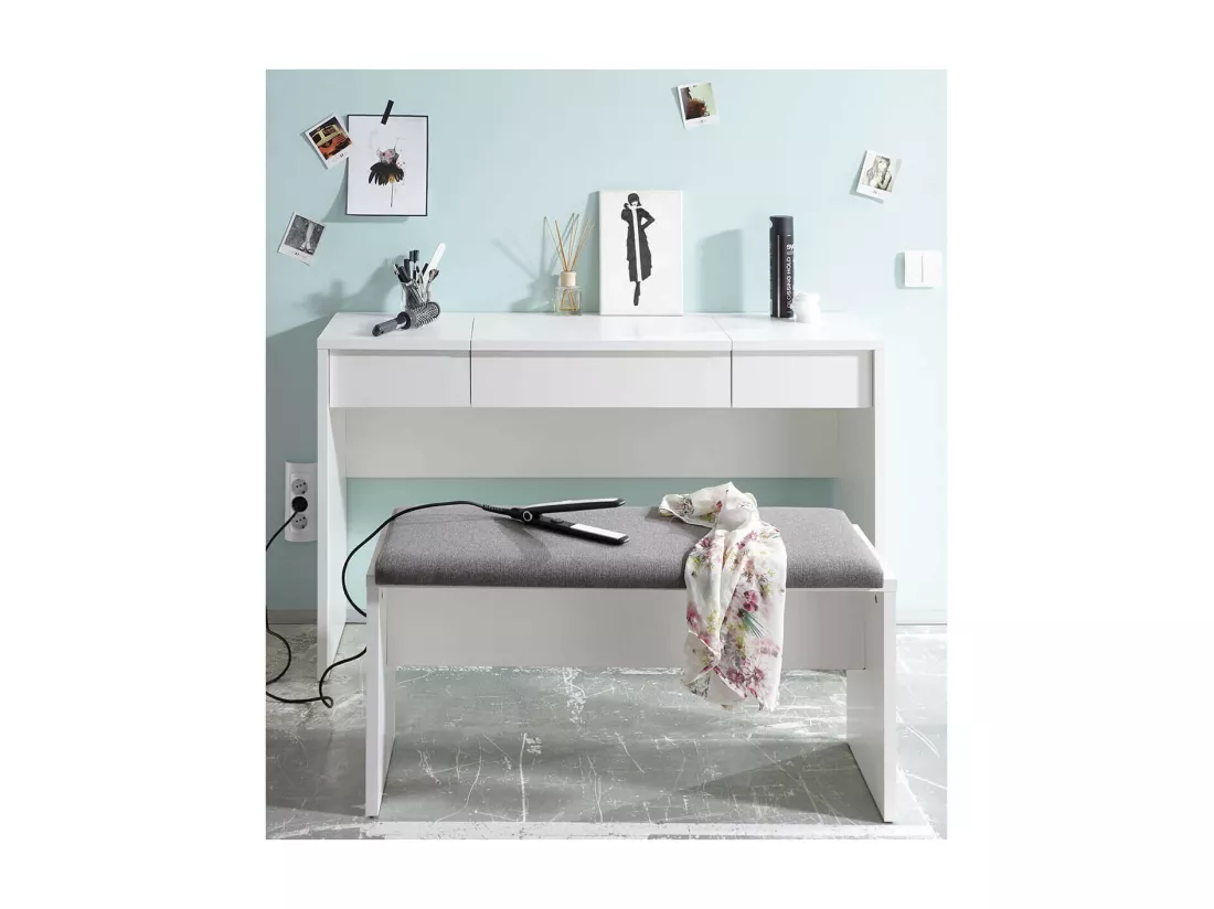 WATCHME - Coiffeuse Blanche 2 Tiroirs avec Miroir + Banc