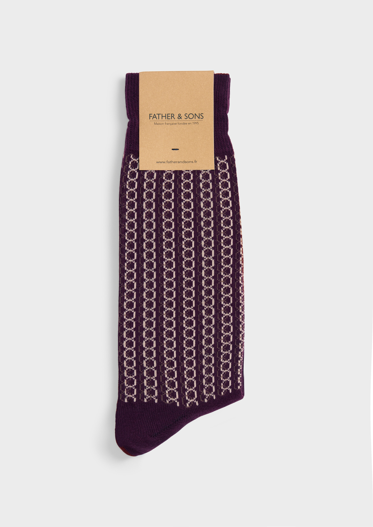 Chaussettes en coton bio mélangé aubergine à motif fantaisie écru