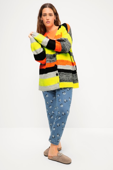 Strickjacke, oversized, Streifen, V-Ausschnitt, Langarm