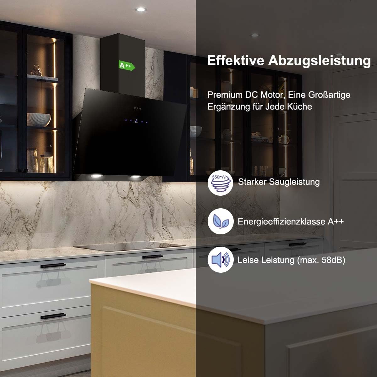 SNDOAS Dunstabzugshaube 60cm, 550 m³/h Starker Saugleistung Dunstabzugshaube Abluft/Umluft, inkl. Aktivkohlefilter, Energieeffizienz A++, Verzögerungs-Ausschaltfunktion, Schwarz