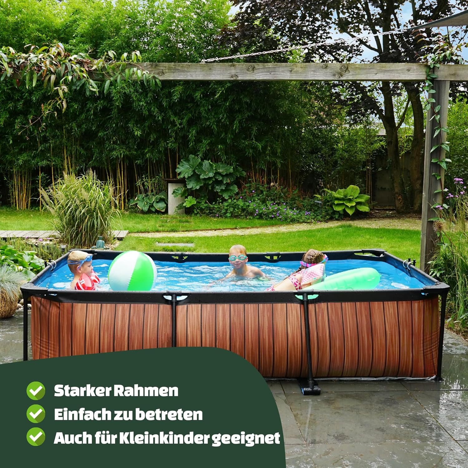 EXIT Toys Lime Pool - 220x150x65cm - Rechteckiger, Kompakter Rahmenpool mit Kartuschenfilterpumpe - Leicht Zugänglich - Für Kleinkinder Geeignet - Starker Rahmen - Einzigartiges Design - Grün