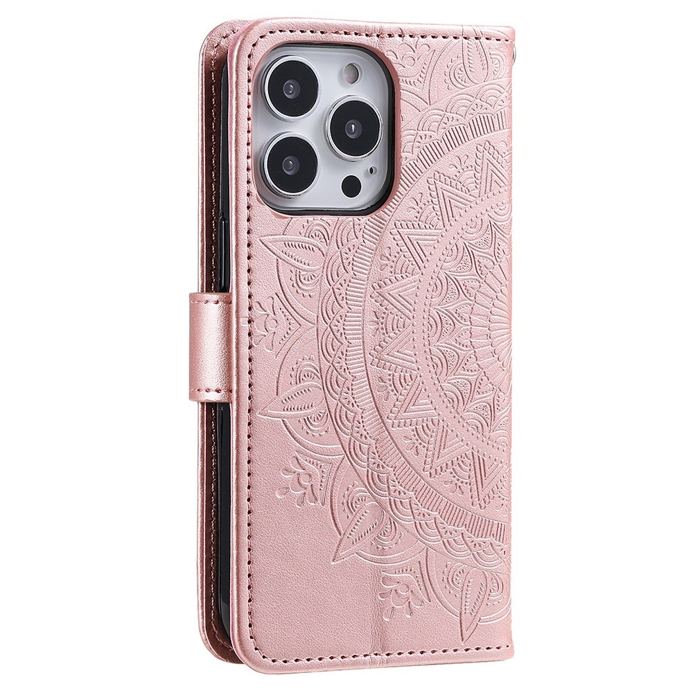 iPhone 14 Pro Leder Tasche Wallet - Mandala Flowers Imprint - Roségold