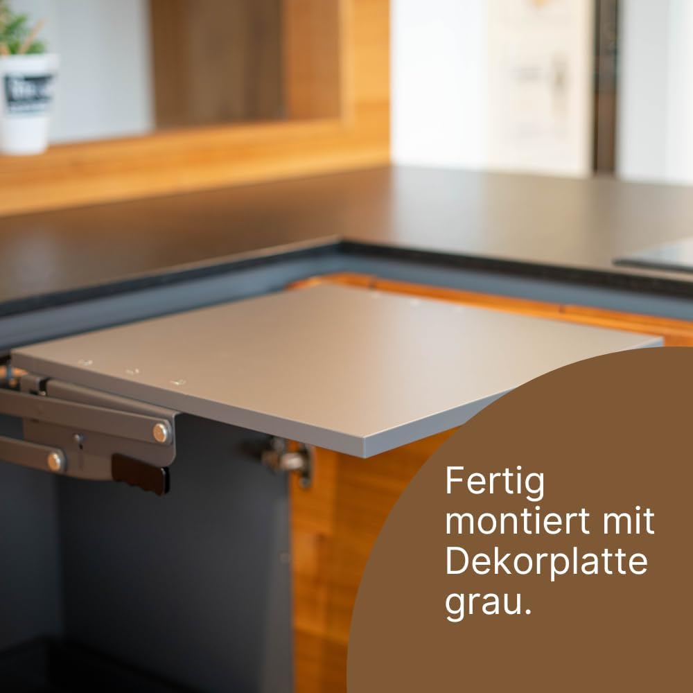 Schwenkmechanik Thermomix FixLift®, Schrankbreite 60cm, Belastung 15kg, fertig montiert mit Dekorplatte grau, verstärkte Konstruktion (patentiert), einfache Arretierung per Hand, auch für TM7 geeignet