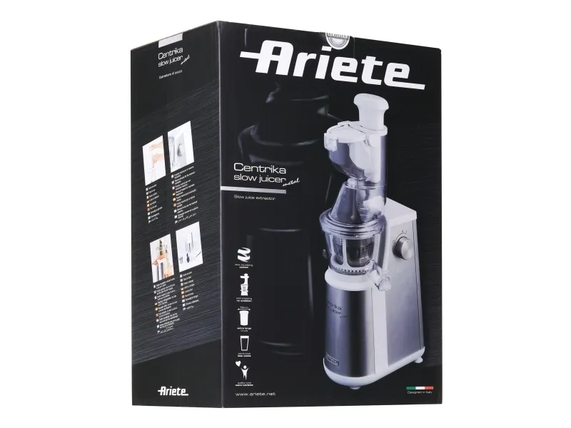 Ariete 0177/20, Slow juicer, Rustfrit stål, Hvid, 0,8 L, Sikkerhedsklemme, Dreje, Plast