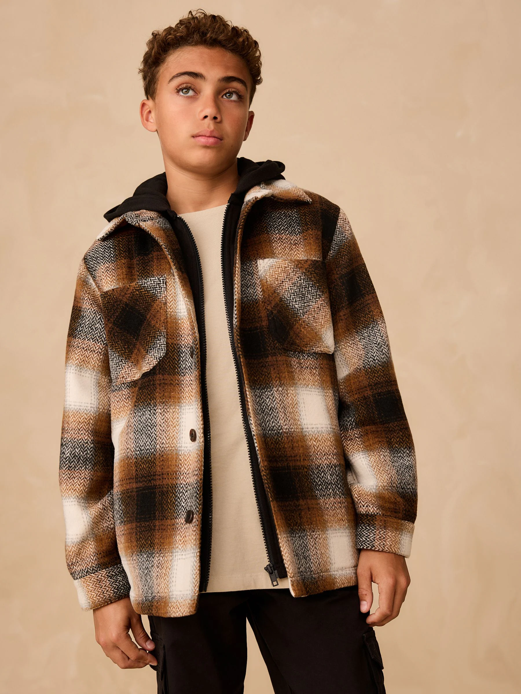Roestbruin - Borg gevoerde Ruit Overshirt Met capuchon (3-16jr)