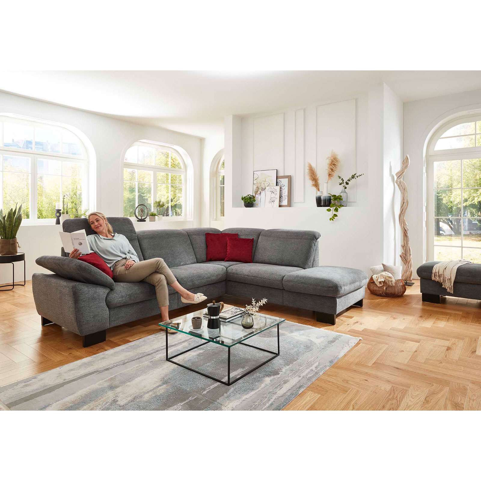 polsterpower Ecksofa - anthrazit - mit Funktionen - Anstellhocker rechts