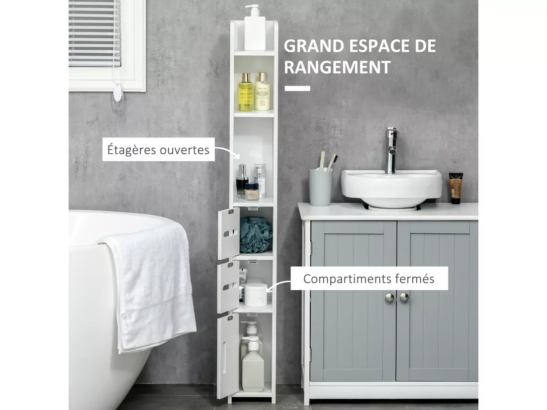 Meuble bas colonne rangement salle de bain WC 3 portes 2 niches étagère blanc