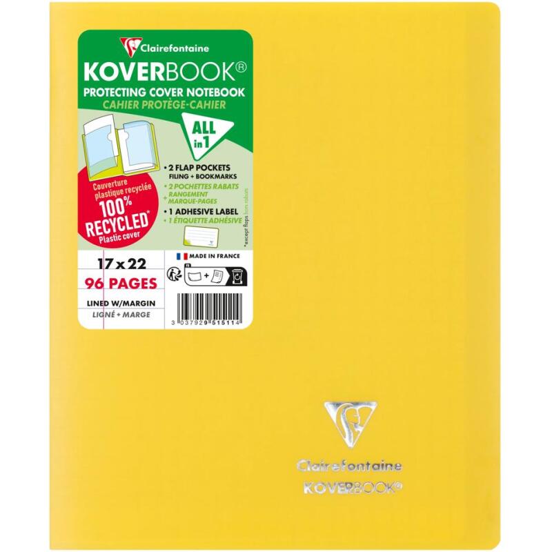 Cahier piqué Koverbook 17x22 cm 96 pages ligné + marge couverture polypropylène opaque 100% recyclé - Assortis