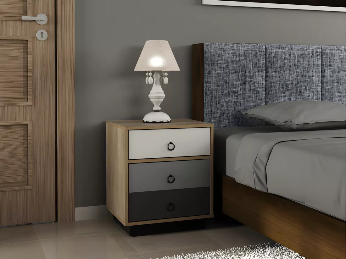 Lot de 2 tables de chevet - 1 tiroir et 1 porte - Coloris : Naturel, blanc et gris - KRYPTON