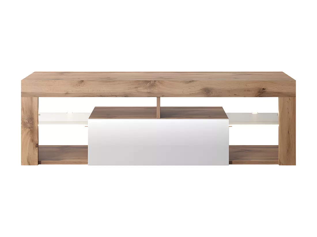 Meuble TV / Banc TV (140 cm, chêne lancaster / blanc brillant, éclairage LED) - BIANKO