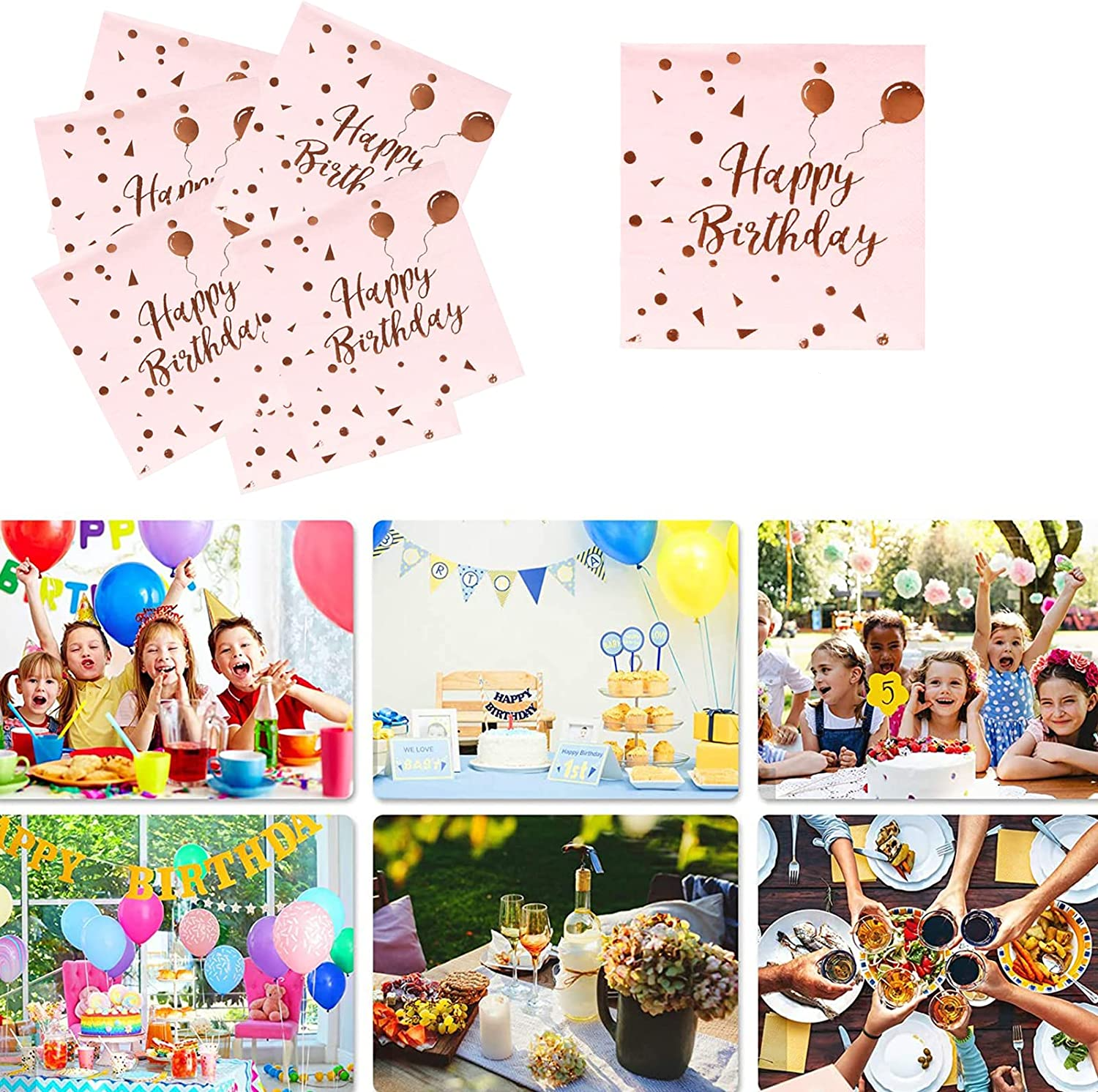 (40er Set) 33x33cm Happy Birthday Einweg Servietten Party Tisch Dekoration - Rosa / Roségold