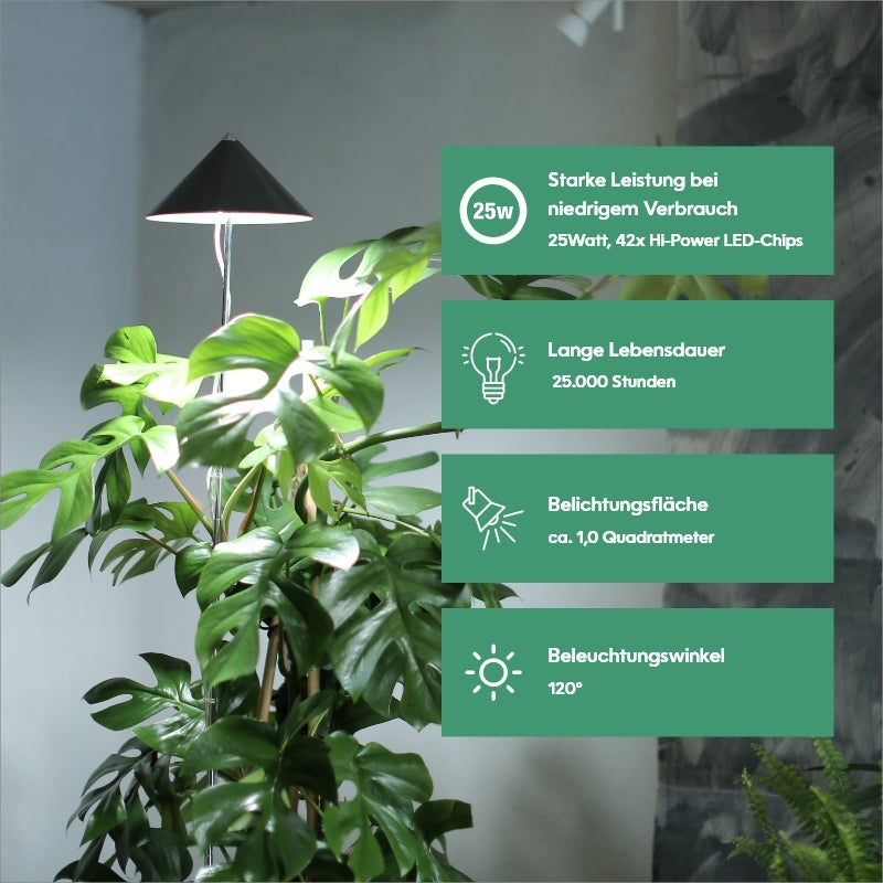Parus by Venso SUNLITE XL LED Full Spectrum Plantenlamp Grijs 25W Binnenplantenverlichting, met uitschuifbare telescopische paal, Parus plantenlamp voor grote en kleine kamerplanten