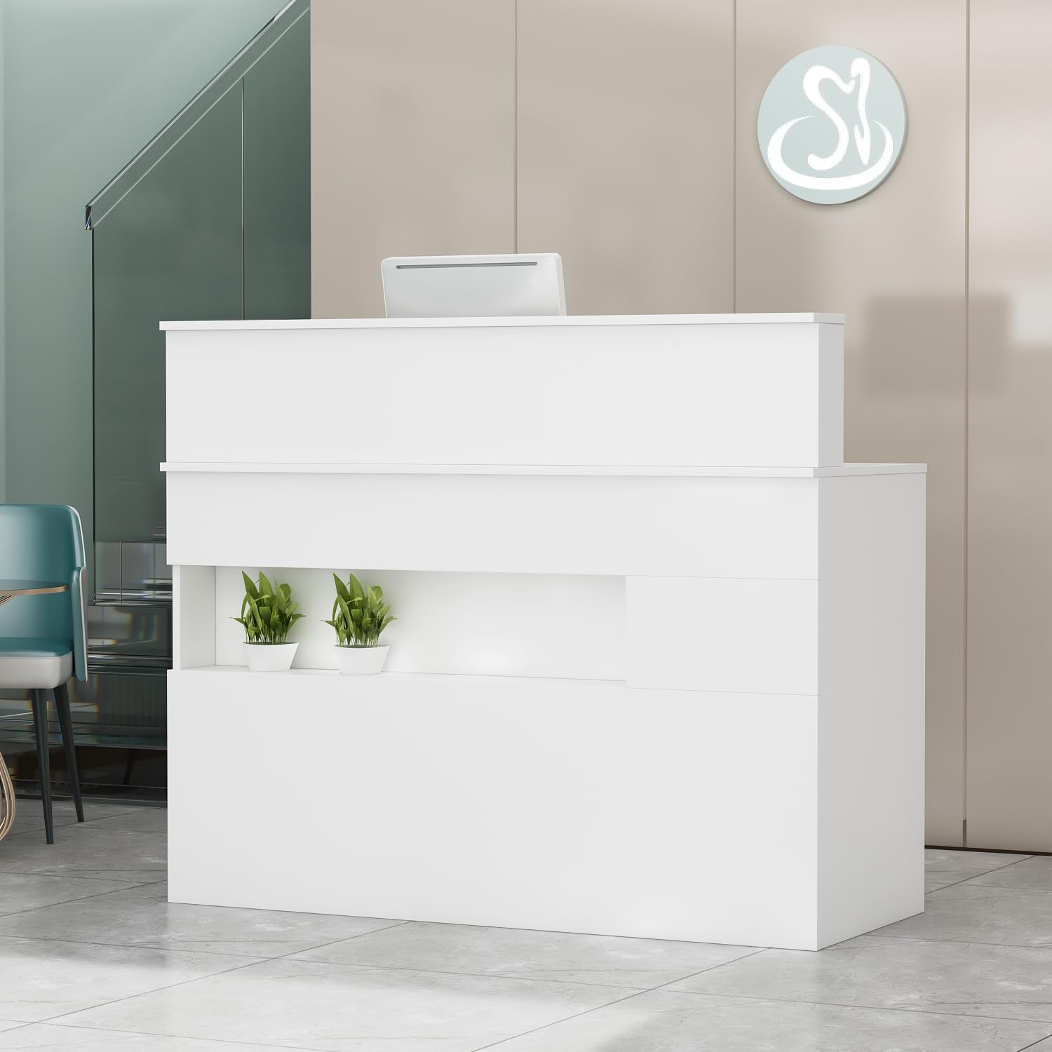 Empfangstheke mit Schubladen, Rezeption in weiß, Empfangstresen, Bürotheke, für Firmenhallen, Hotelrezeptionen, Bekleidungsgeschäften, Konditoreien, Obstgeschäften 50 T x 120 B x100 H cm