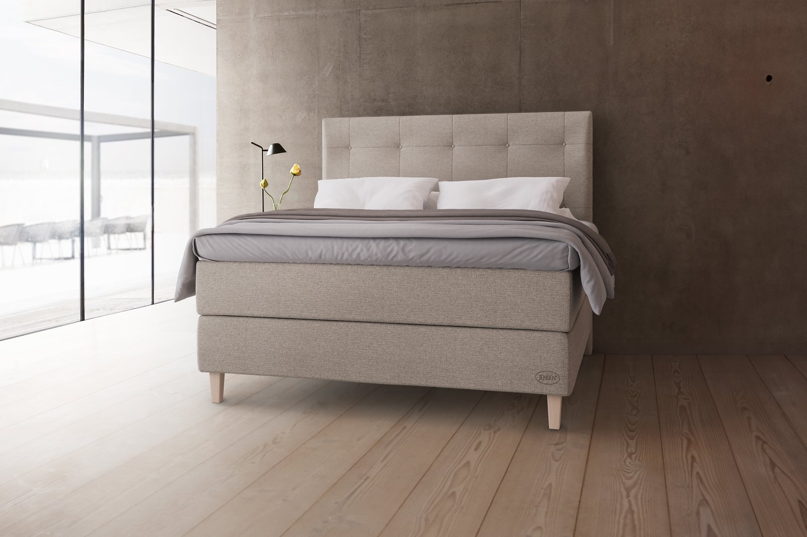 Carat jubileum Exact kontinentalseng 150x200 cm Tekstil 387 Greige, medium/medium, Exact, seamless, Sleep III overmadrass, Kantet Konet 14 cm hvitvasket ben + støtteben, gavl selges separate.