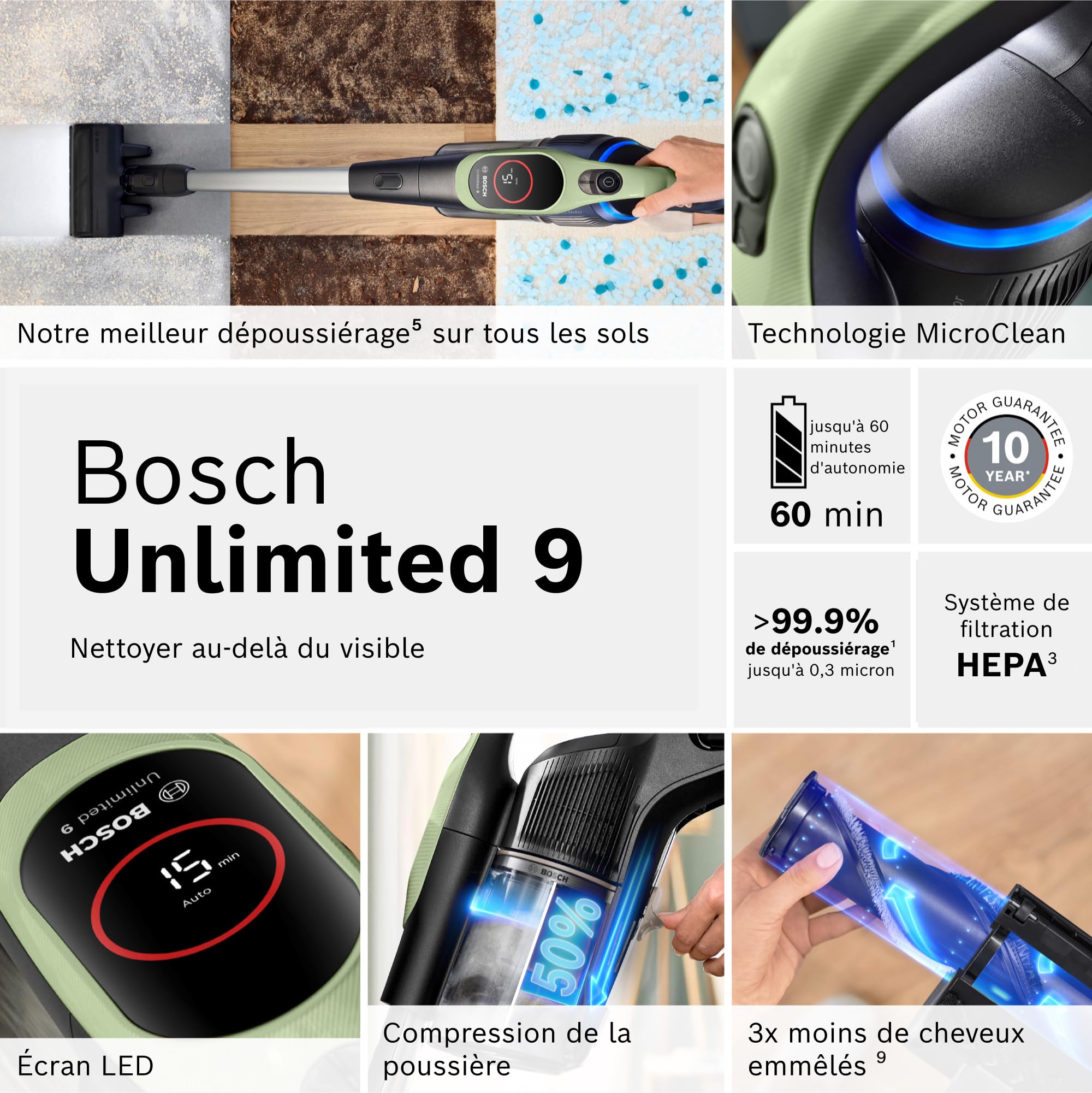 Bosch, aspirateur Balai sans Fil, Unlimited 9, Batterie 3.0 Ah, Technologie MicroClean, bac à poussières Facile à Vider, éclairage LED, Vert, BBS921TB