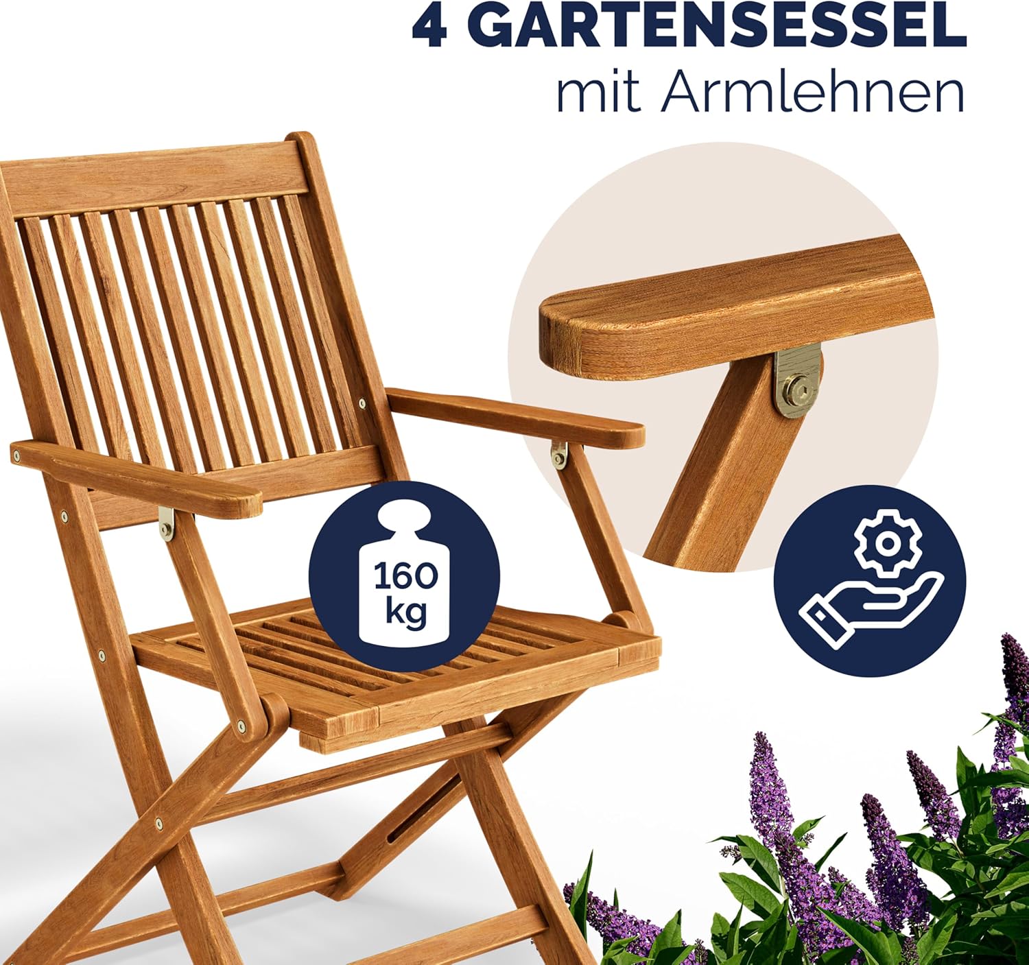 Casaria® Gartenmöbel Set Wetterfest Klappbar Akazie 5-TLG. FSC®-Zertifiziert Holz Armlehne 160kg Belastbarkeit Garten Terrasse Balkonmöbel 120x70cm Möbelset 4 Personen