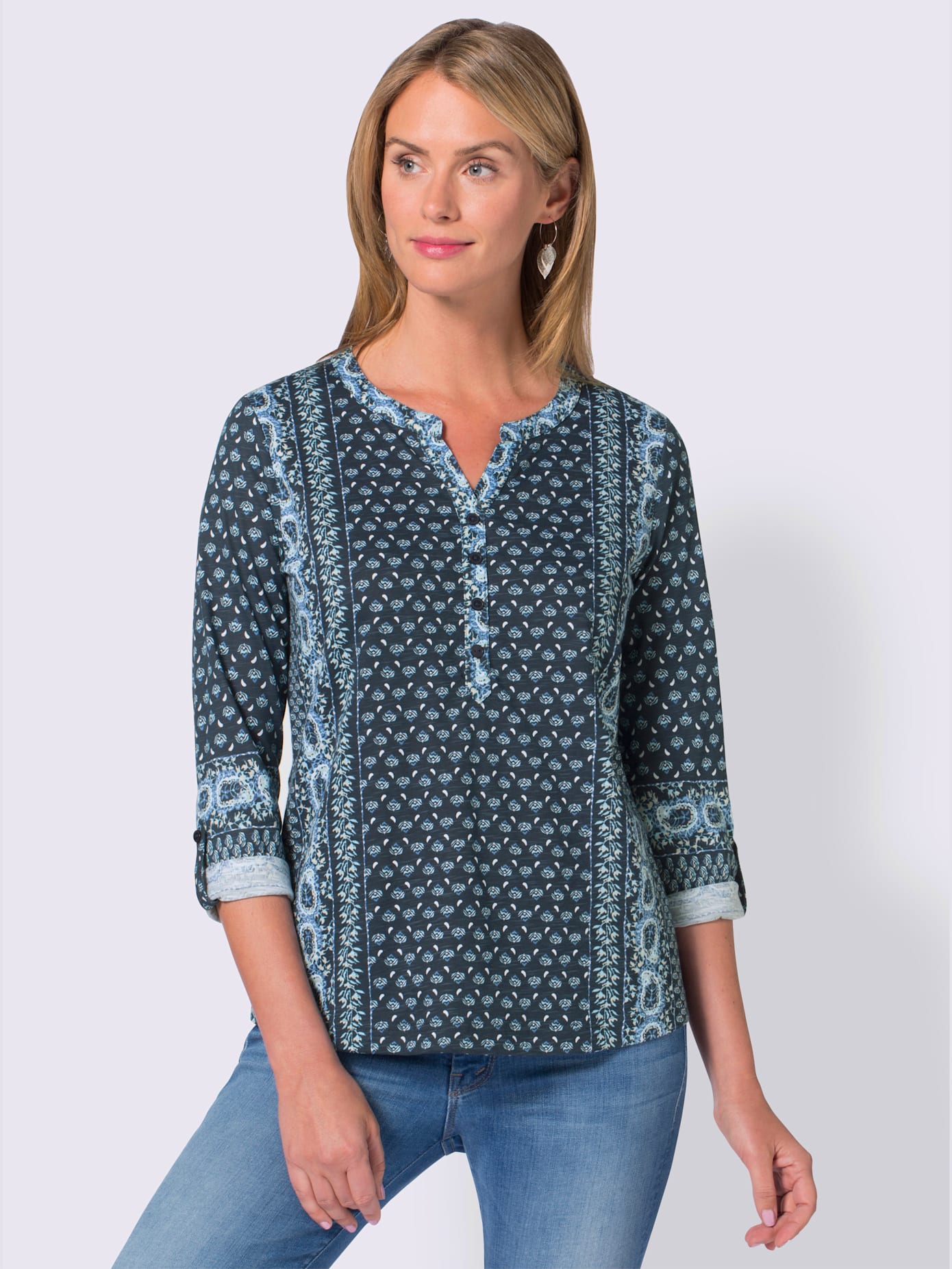 T-shirt imprimé motif cachemire col tunisien manches longues avec bride