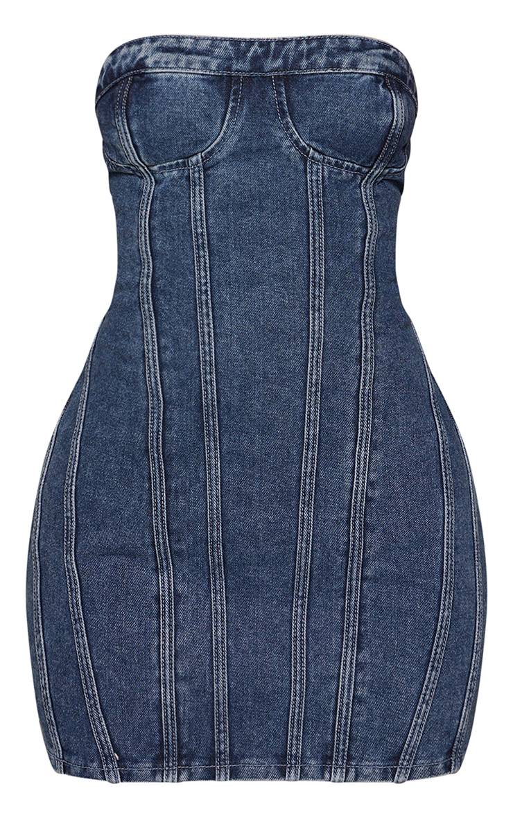 Mid Blue Wash Robe Courte En Denim À Coutures Frontales Petite