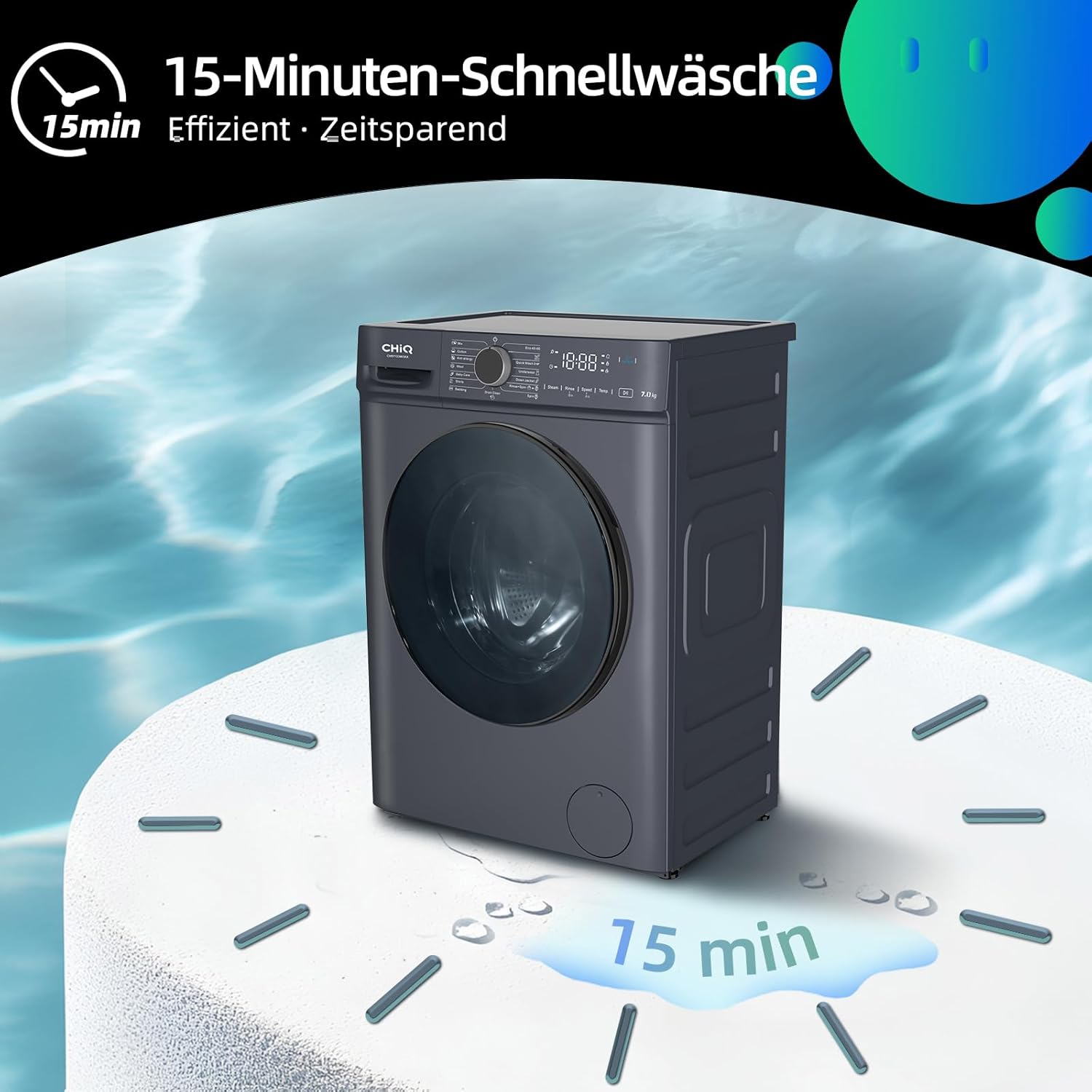 CHiQ Waschmaschine 7kg, InverterMotor, EEK A| 60x46,5x84cm, Große Tür| Eco, Speed Wash, Auto Clean, Kindersicherung|1200 U/Min, Washer Grau, CW07123863AX