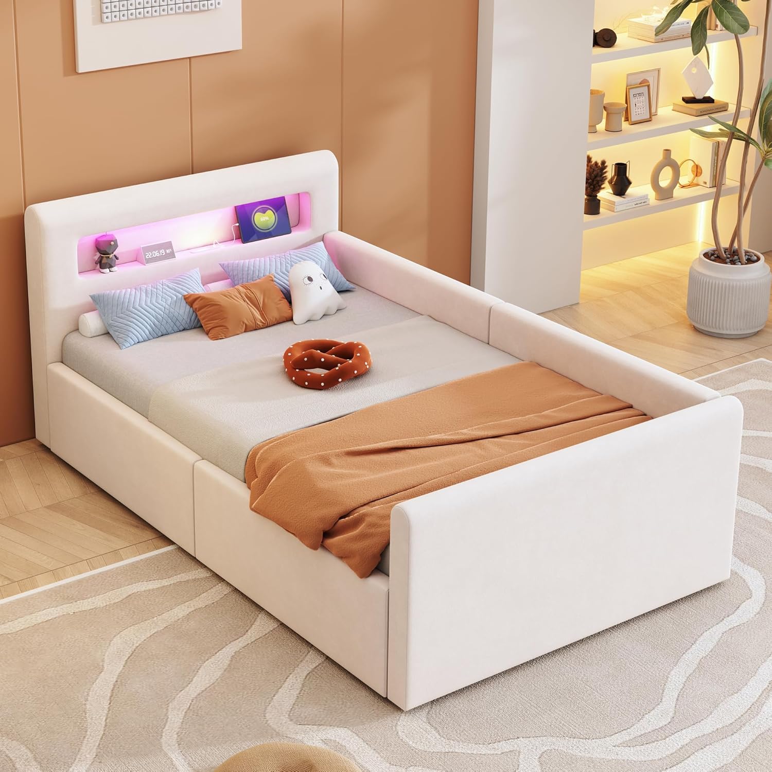 okwish Polsterbett Kinderbett 90x200 cm, Jugendbett mit hydraulischem Stauraum, LED Nachtlicht & USB-Anschluss, Samtstoff, Beige, ohne Matratze