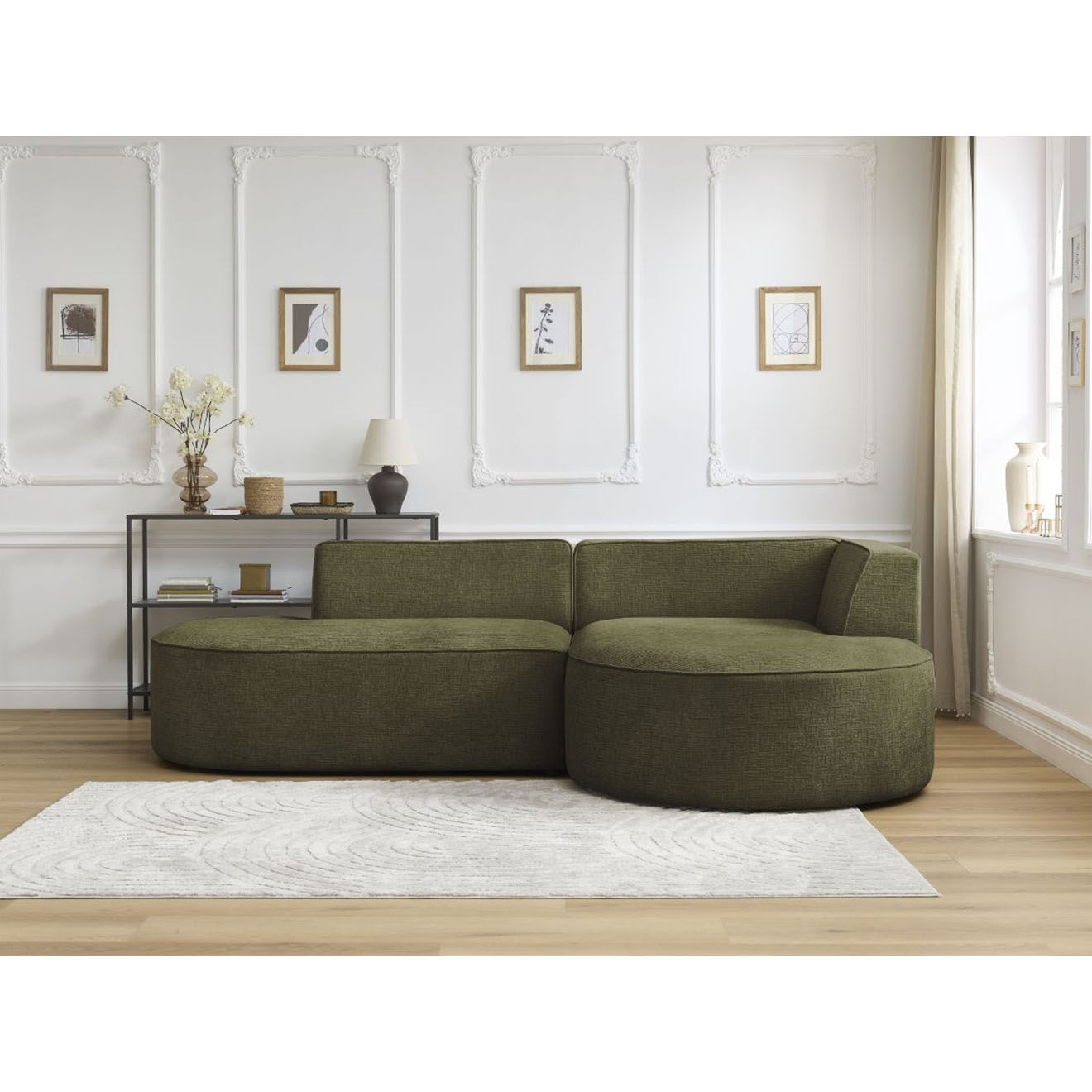 Bobochic Canapé d'angle droit fixe 4 places Rousseau texturé vert - 250x160x72 cm