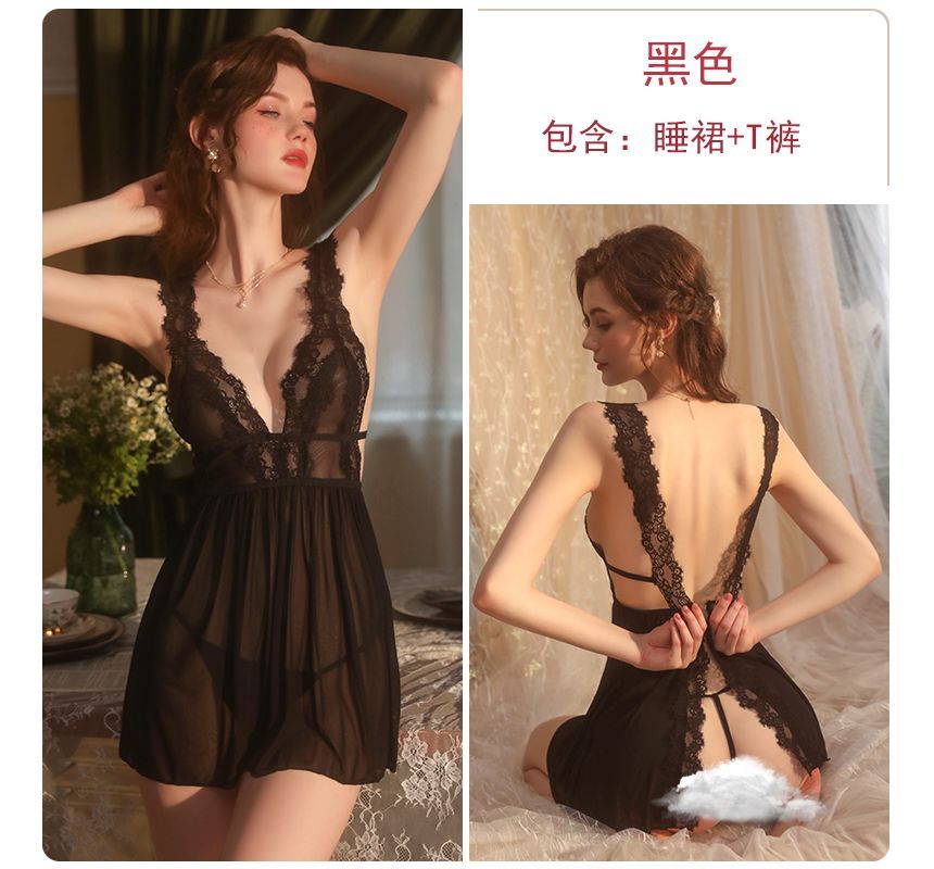 Luvhub - Lingerieset: V-hals mesh babydoll + string