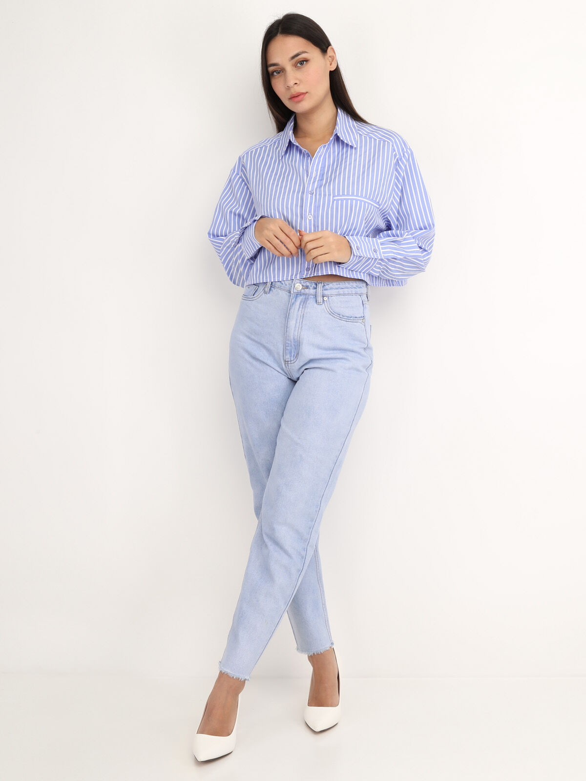 Chemise cropped à rayures- Bleu