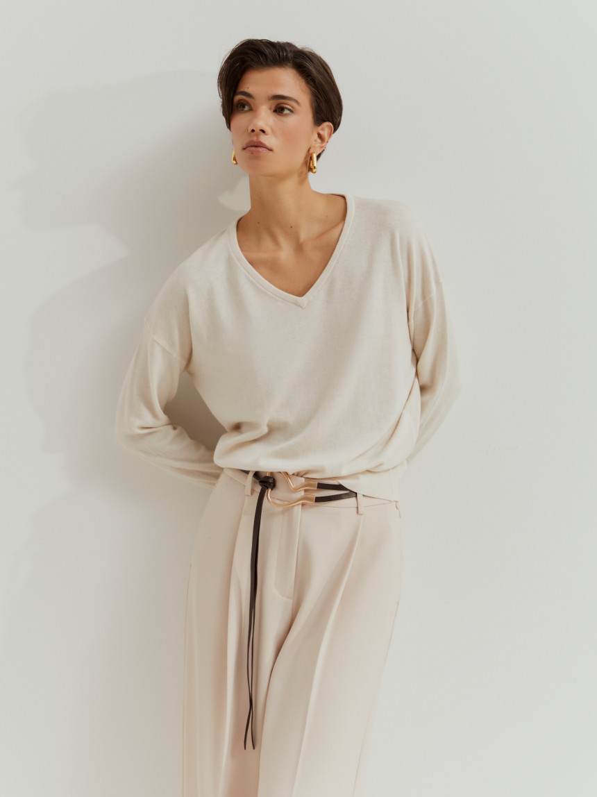 Pullover decote em V com algodão e lã