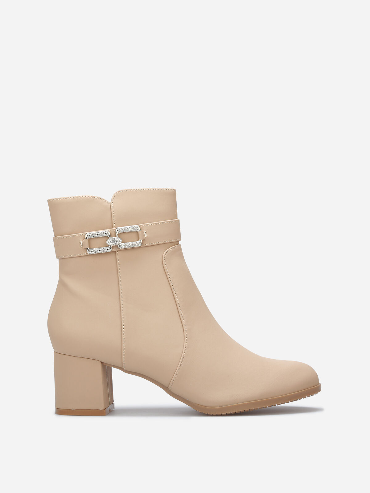 Bottines à boucle en strass et surpiqûres- Beige
