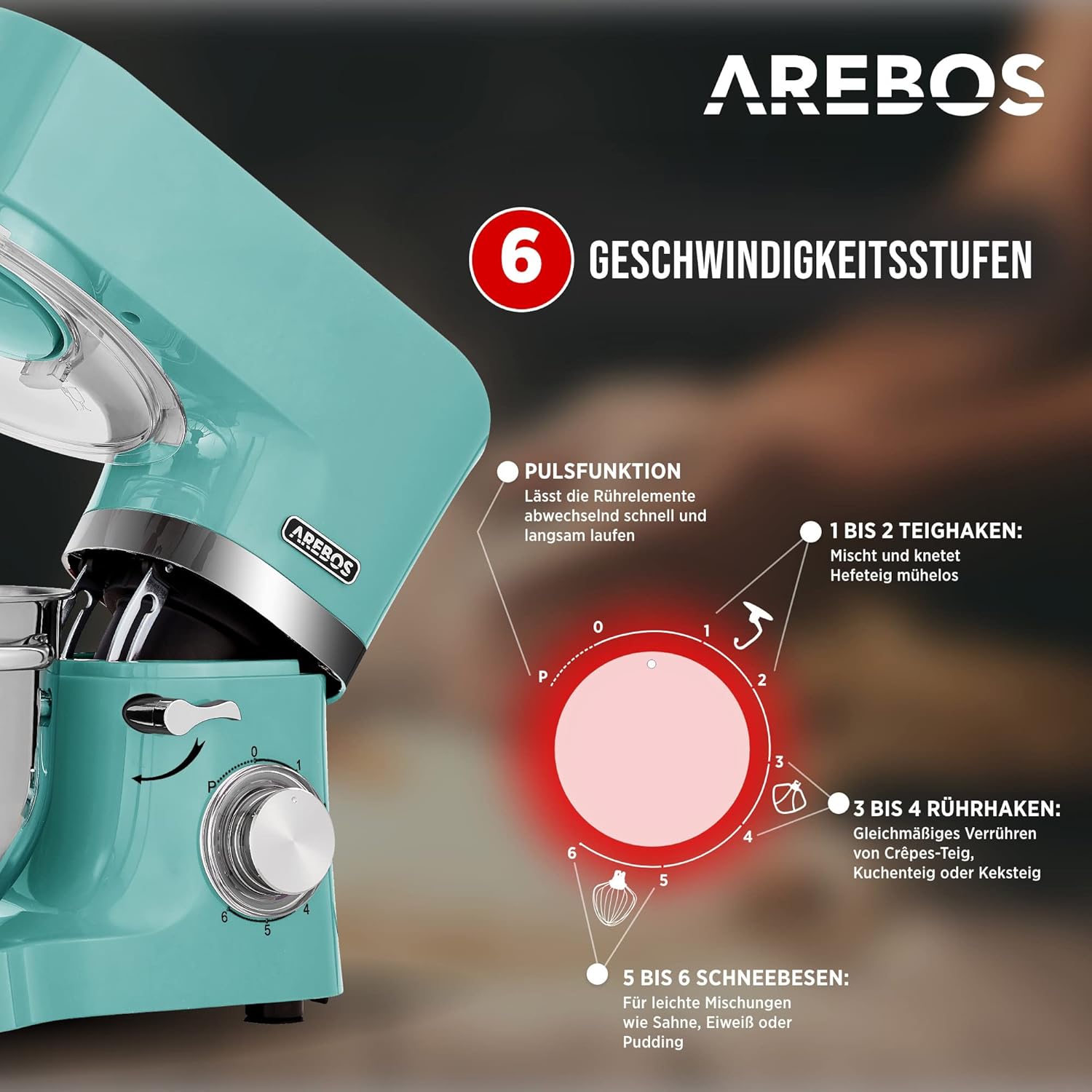 Arebos Küchenmaschine 1500W Türkis | Knetmaschine mit 2x Edelstahl-Rührschüsseln 4,5 & 5,5L | Geräuscharm | Küchenmixer mit Rührhaken, Knethaken, Schlagbesen und Spritzschutz | 6 Geschwindigkeiten