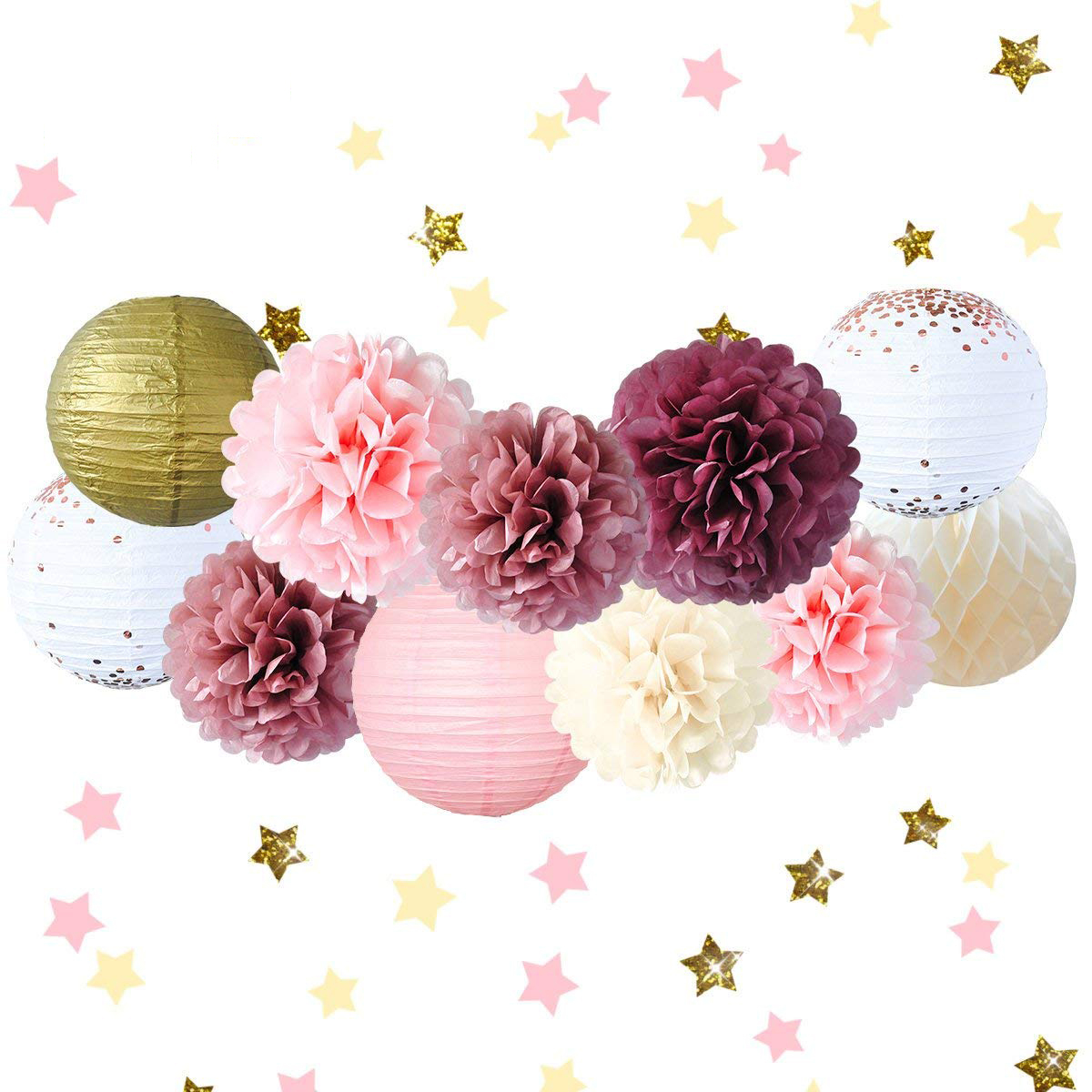 (12-tlg. Set) Papier Lampion Pompon's Deko Party / Geburtstag / Hochzeit - Rosa / Weinrot / Gold