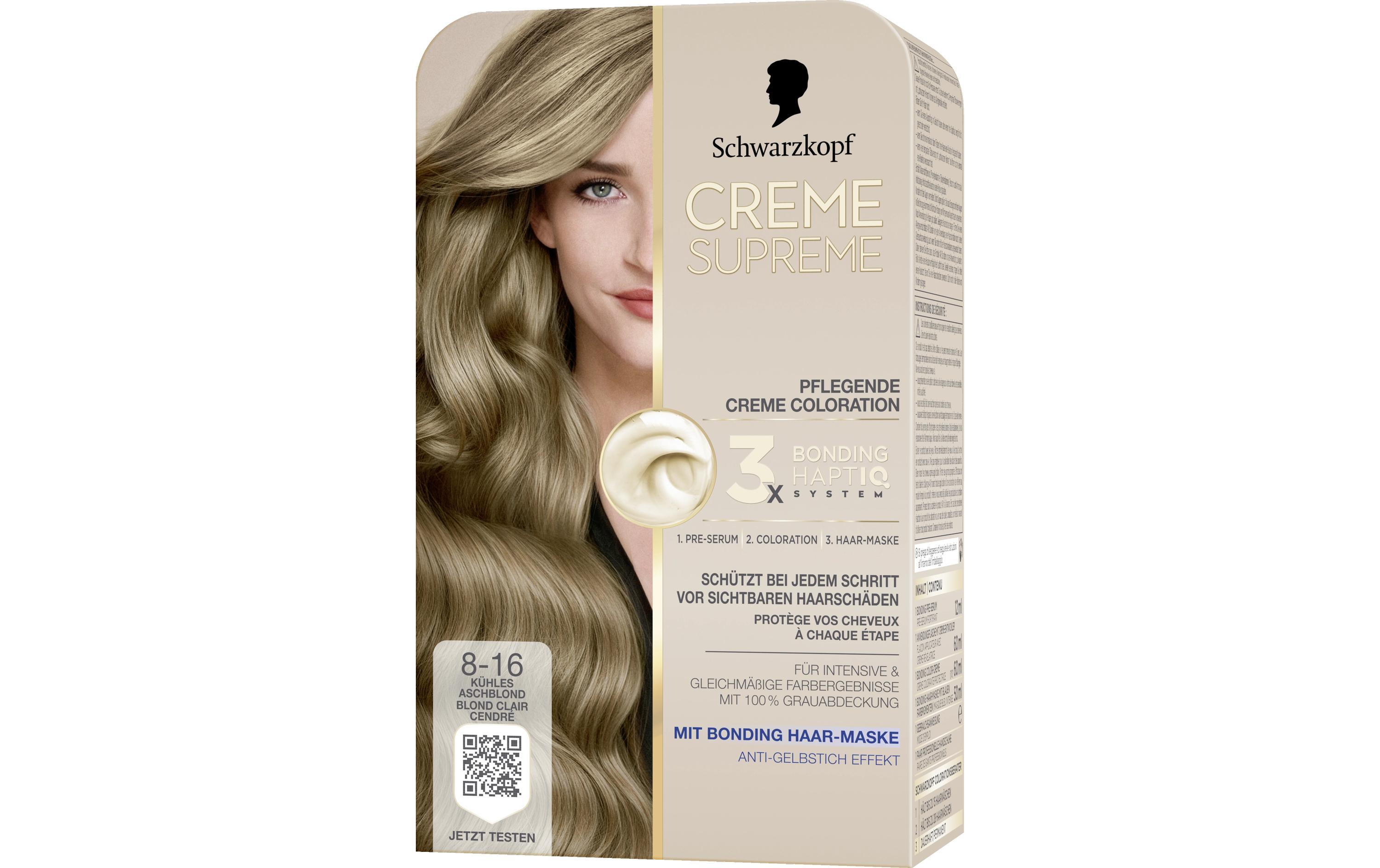 Haarcoloration Creme Supreme 8-16 Kühles AschblondColoration, schützt das Haar sichtbar vor Haarschäden