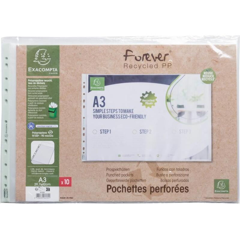 Sachet de 10 pochettes perforées PP recyclé Forever 9/100e - A3 - Translucide