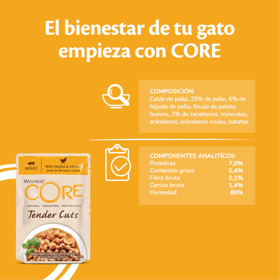 Sachê de 85g de pedaços macios de frango ao molho Wellness Core para gatos.