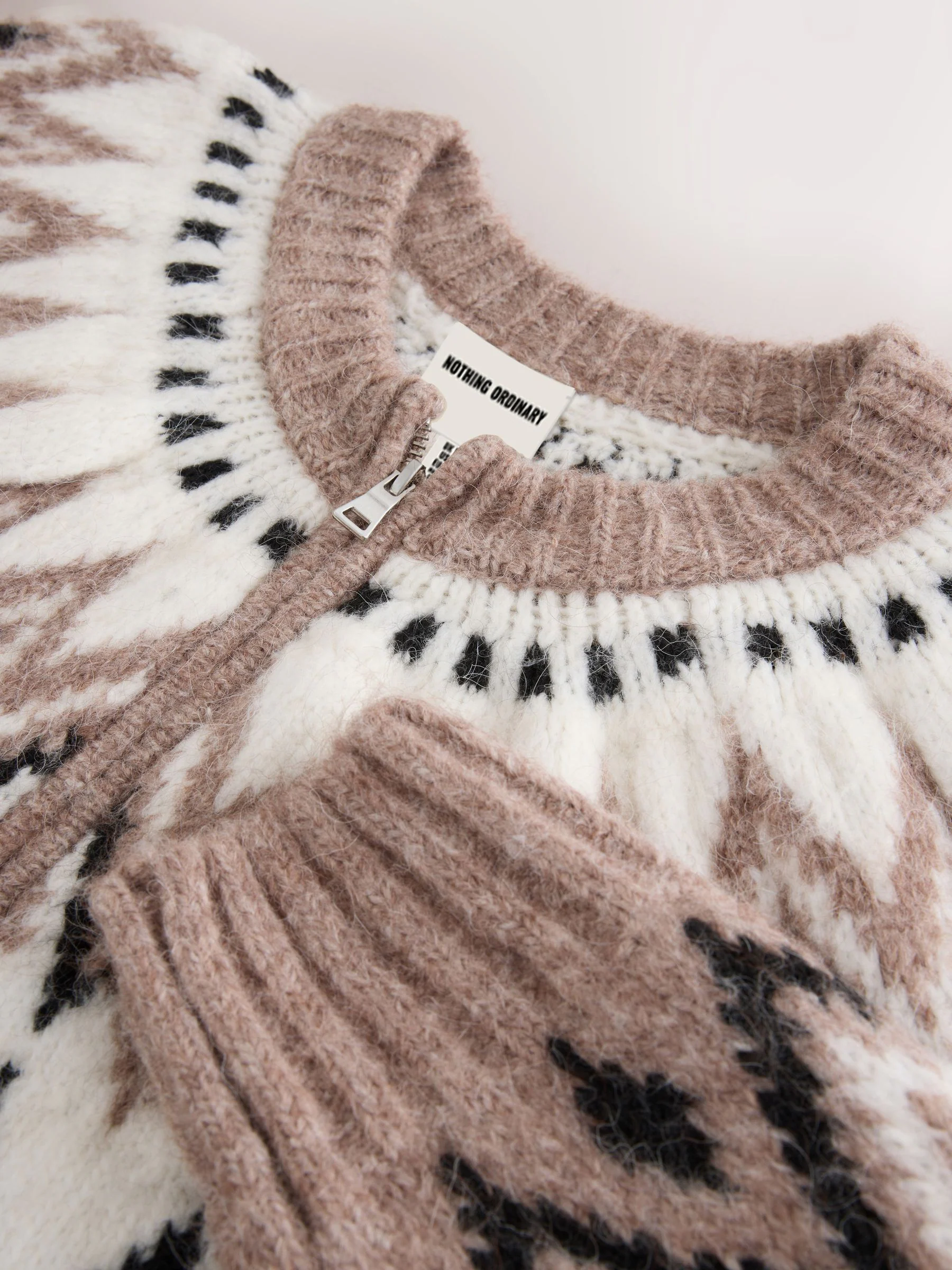 Taupe - Nothing Ordinary Check Fairisle Pattern Knit Zip Through Jumper With Wool