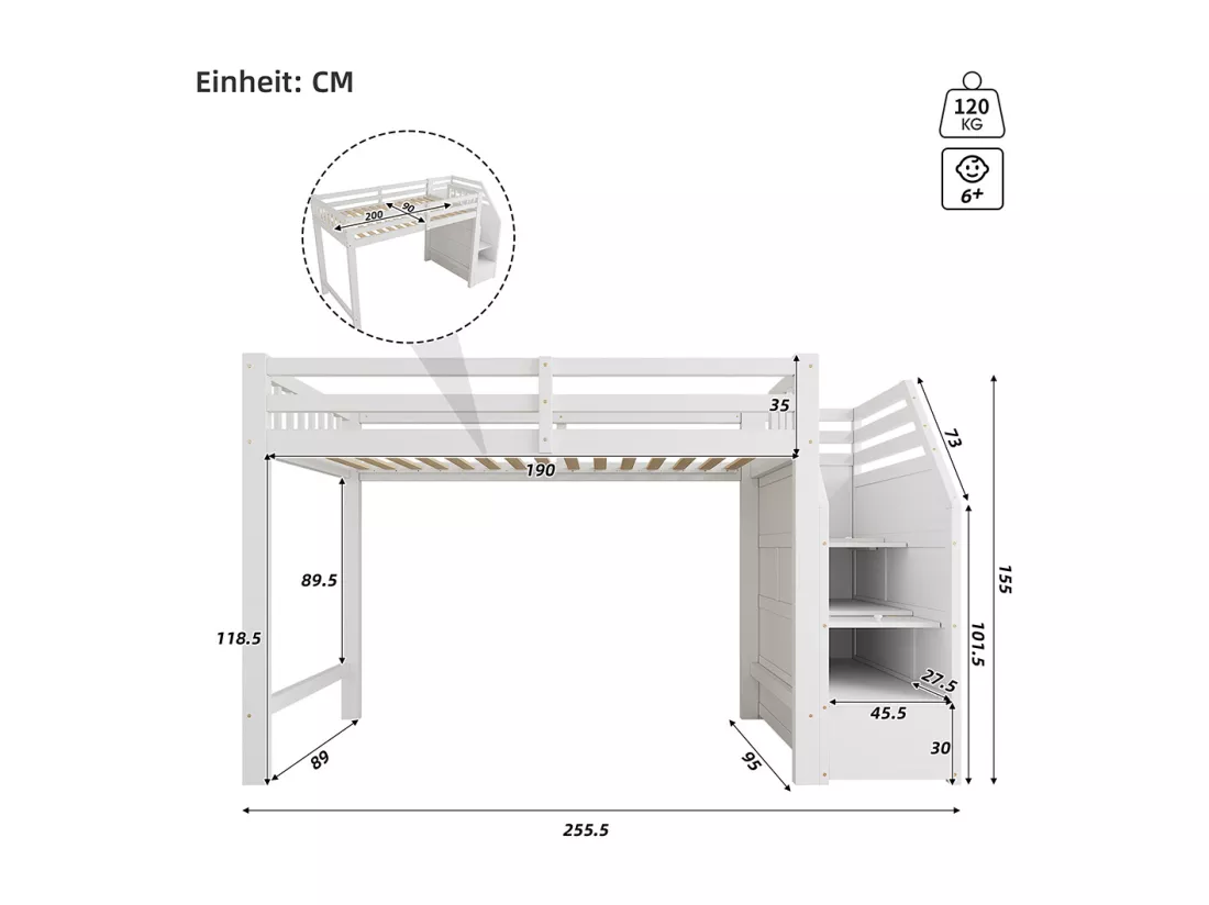 Lit en mezzanine 90x200 cm, avec sommier à lattes, rails, marches escamotables, espace librement combinable sur demande, certifié EN 747, blanc
