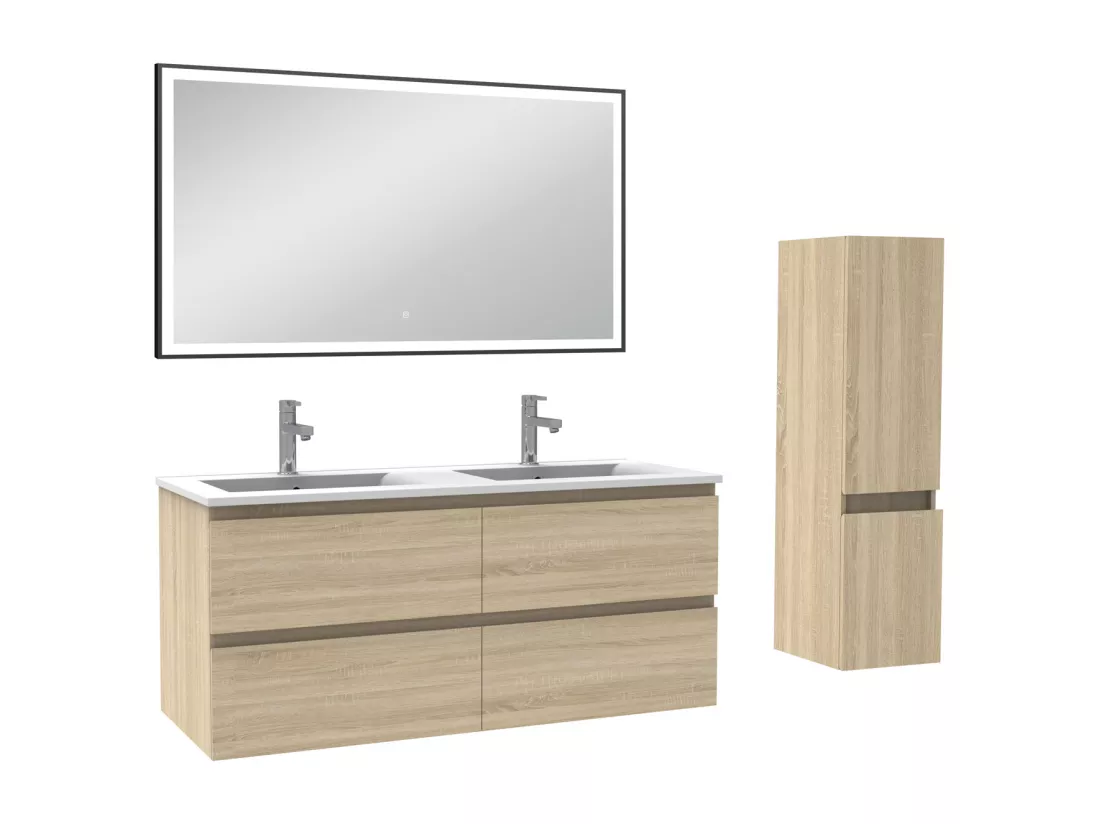 Meuble salle de Bain 120cm double vasque avec colonne et miroir 3 couleurs Chêne Wotan