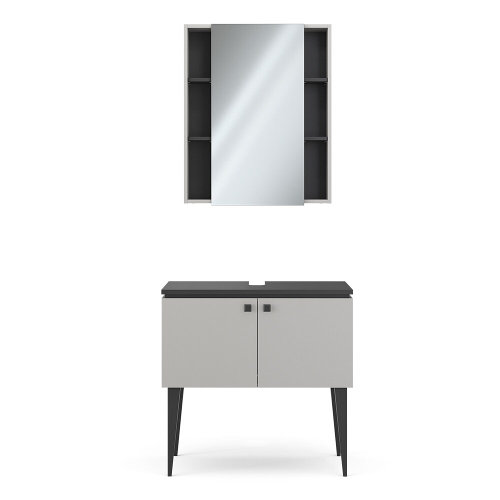 Vicco Badmöbel-Set Gerta in Grau-Schwarz, Badezimmer-Set, moderne Badserie, Spiegelschrank, Waschbeckenunterschrank