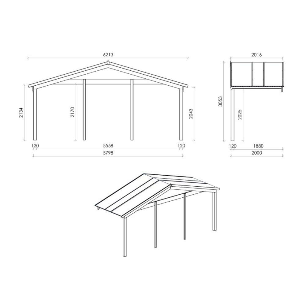 Abri de jardin en bois - 6x5 m - 42 m2 + terrasse avec balustrade et avant-toit en bois