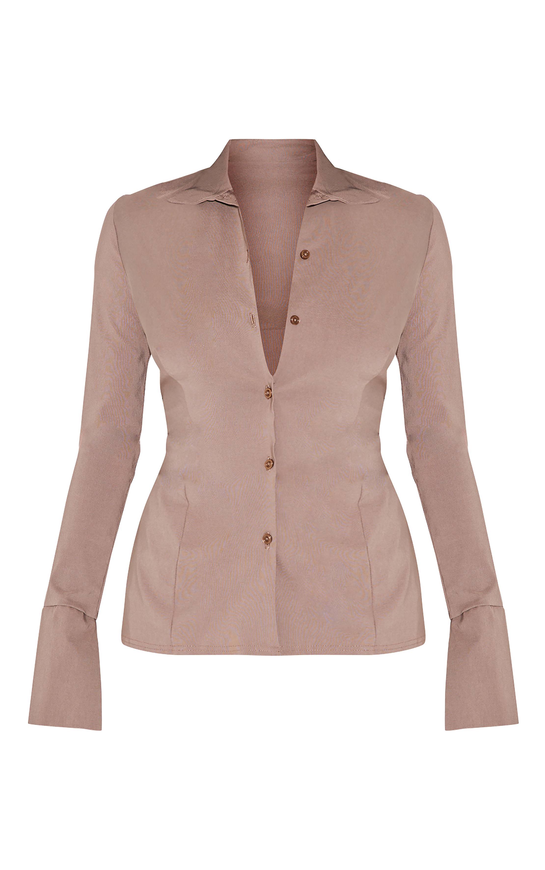 Taupe Chemise À Manches Longues En Bengaline Avec Taille Cintrée