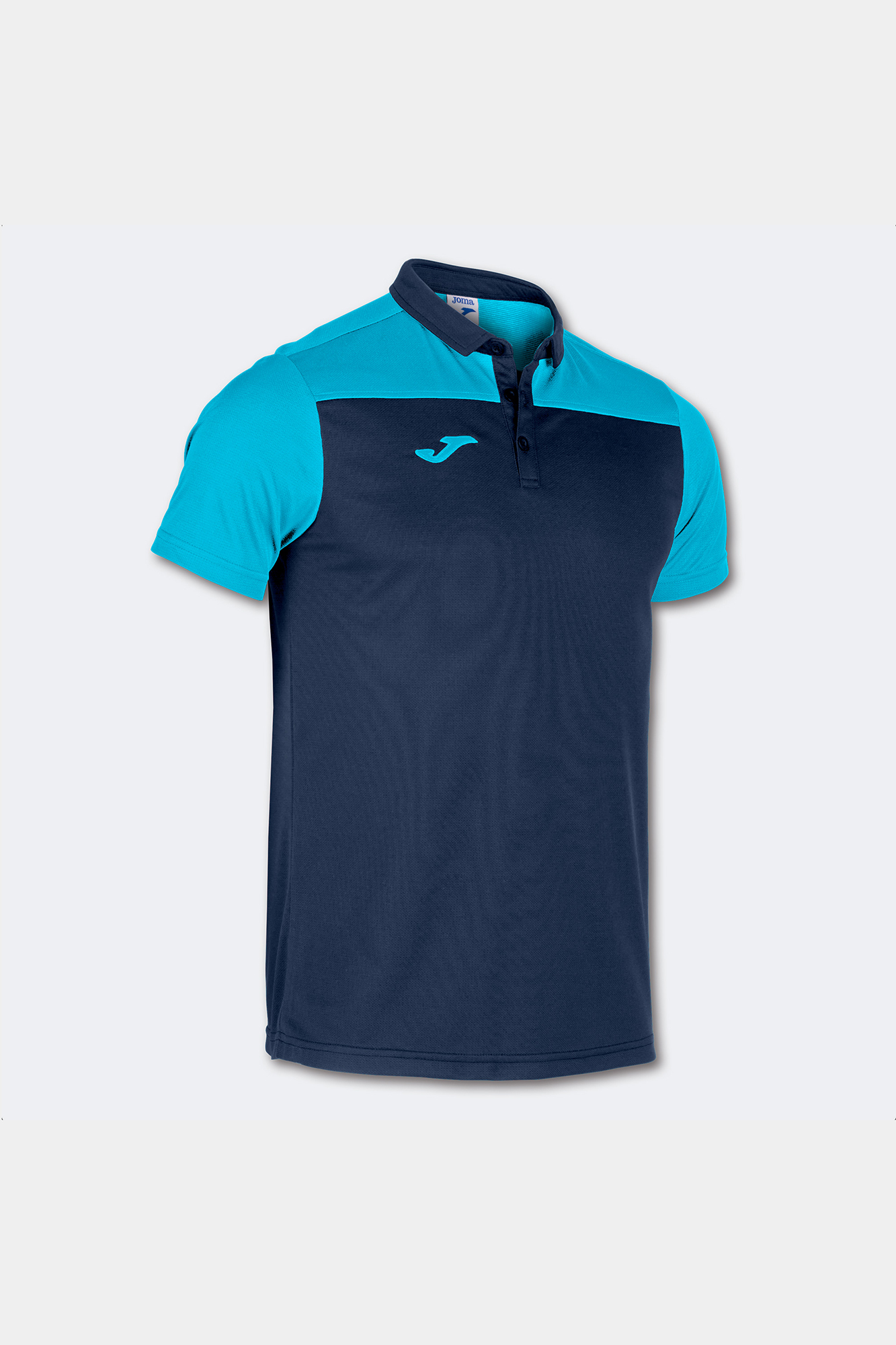Camisa polo de manga curta Hobby II, azul marinho turquesa fluorescente.