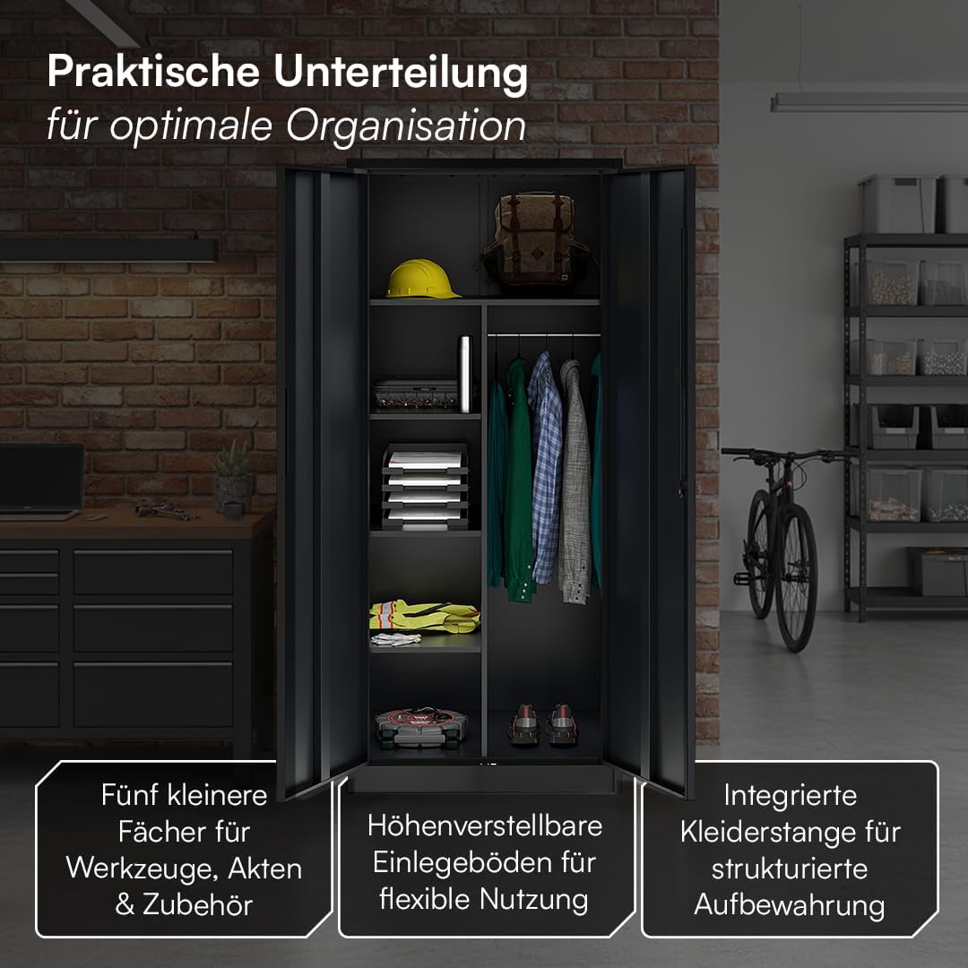 STEELSØN Regulus Metallschrank abschließbar – Garderobenschrank mit 6 Fächern und 1 Kleiderstange – Spind Schrank mit Doppeltüren – Mehrzweckschrank Schwarz – Kleiderschrank Metall 175x40x80 cm